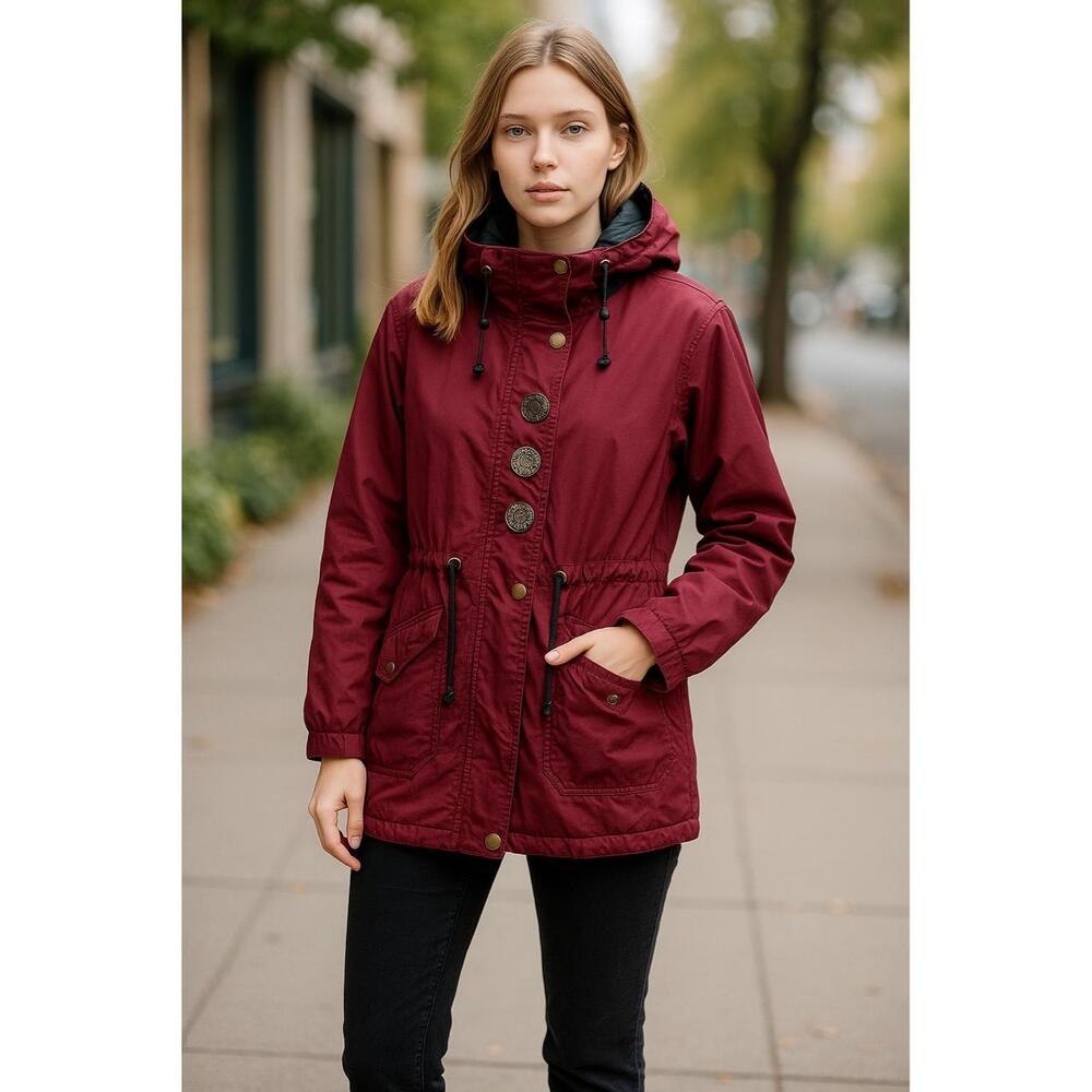 Ossi Ski wear Maroon Hooded Button Front Drawstring Parka Jacket Size Large